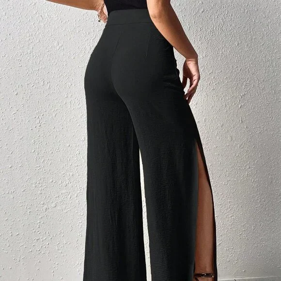Black Elegant Women's Split Thigh Wide Leg Pants - Picture 2 of 6